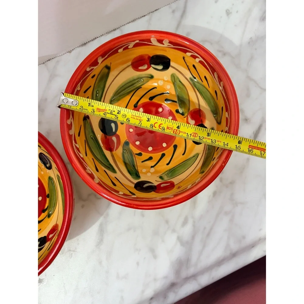 Pier 1 Imports Hand Painted Ceramic Olive Bowls‎ Spain Set of 2 Yellow Red 5.5in